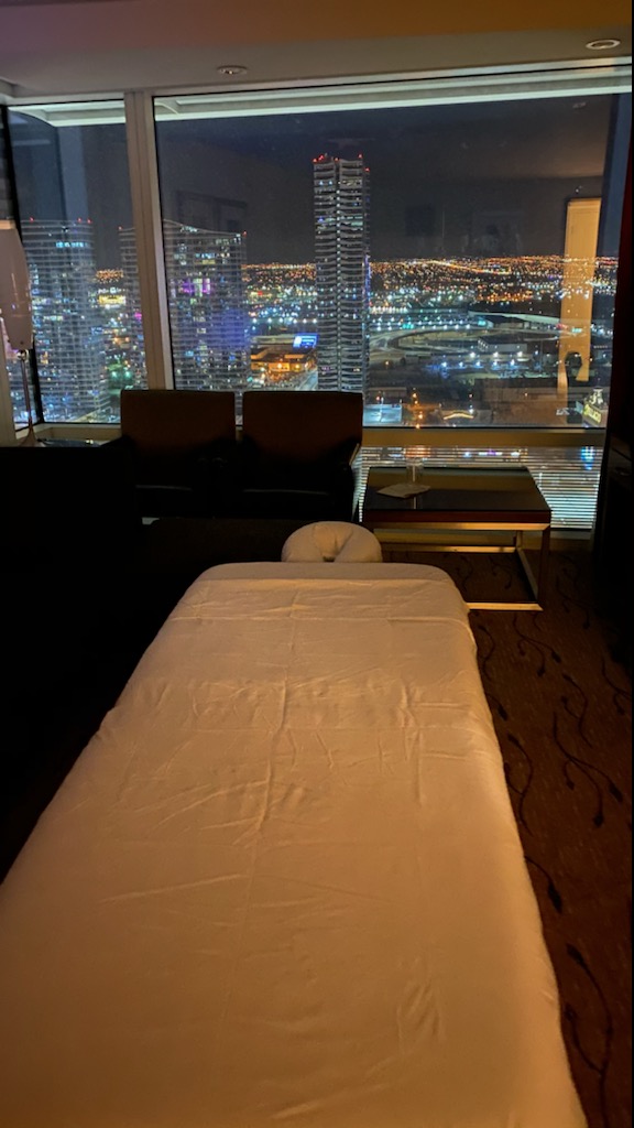 Massage table overlooking Las Vegas boulevard